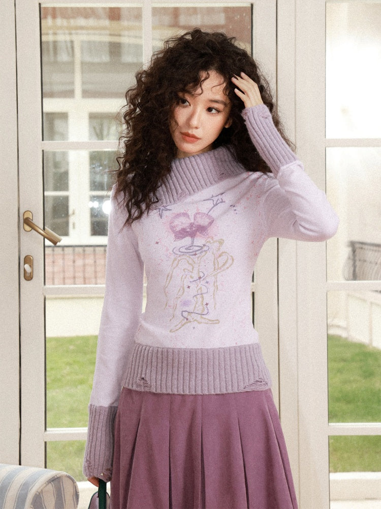 "One Tree Flower Blooming" Print Irregular Lapel Pullover Sweater【s0000015004】