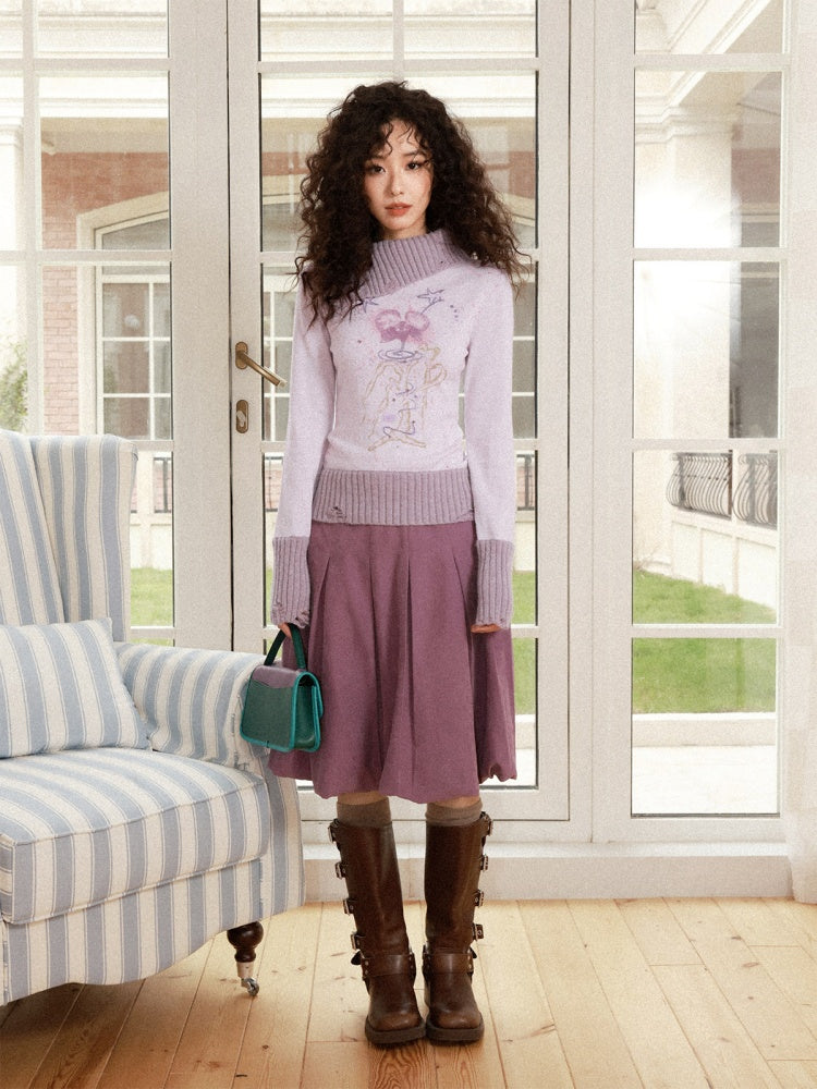 "One Tree Flower Blooming" Print Irregular Lapel Pullover Sweater【s0000015004】