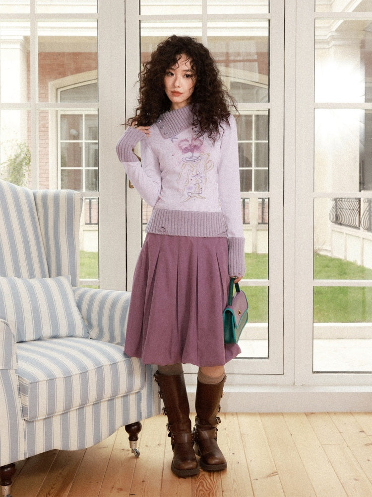 "One Tree Flower Blooming" Print Irregular Lapel Pullover Sweater【s0000015004】