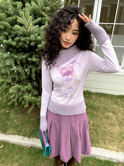 "One Tree Flower Blooming" Print Irregular Lapel Pullover Sweater【s0000015004】