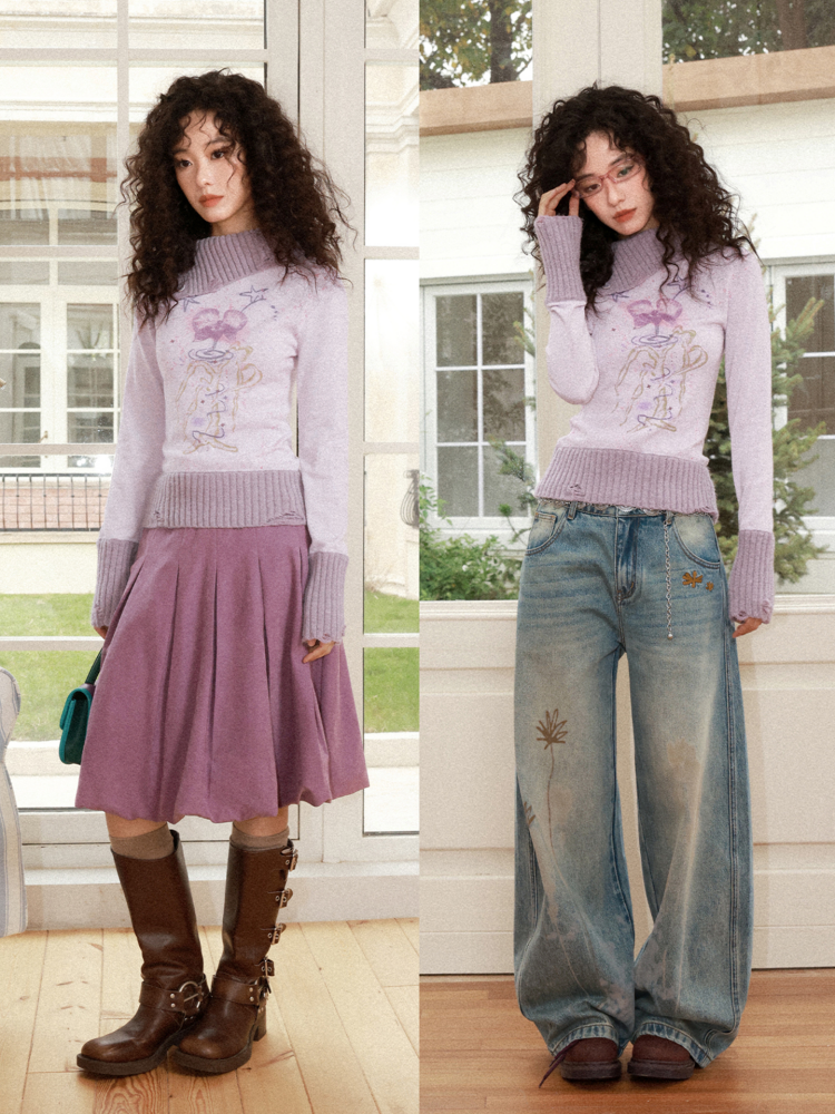 "One Tree Flower Blooming" Print Irregular Lapel Pullover Sweater【s0000015004】