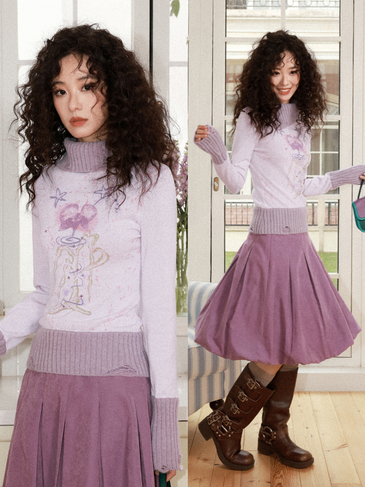 "One Tree Flower Blooming" Print Irregular Lapel Pullover Sweater【s0000015004】