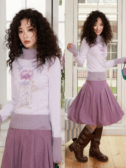 "One Tree Flower Blooming" Print Irregular Lapel Pullover Sweater【s0000015004】