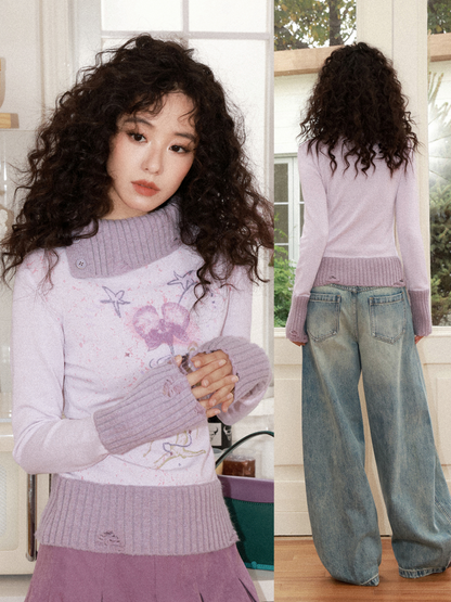 "One Tree Flower Blooming" Print Irregular Lapel Pullover Sweater【s0000015004】
