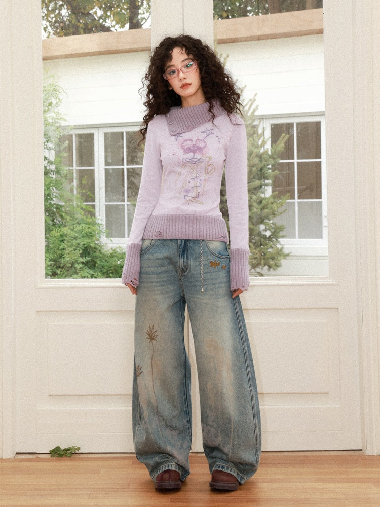 "One Tree Flower Blooming" Print Irregular Lapel Pullover Sweater【s0000015004】
