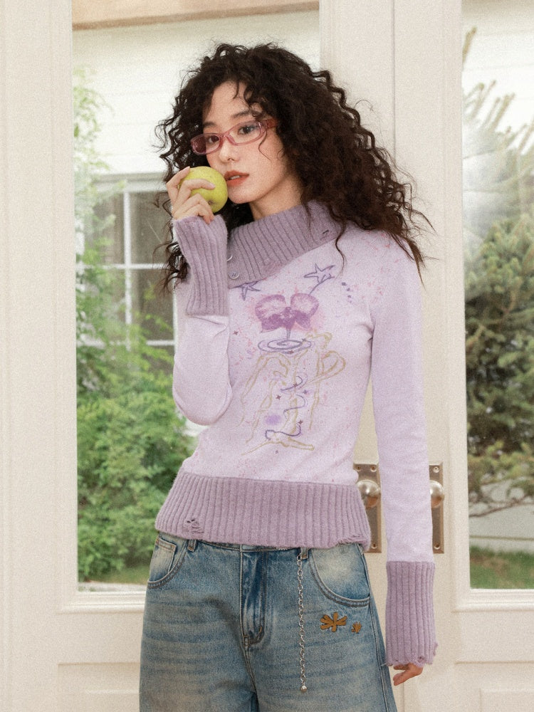"One Tree Flower Blooming" Print Irregular Lapel Pullover Sweater【s0000015004】