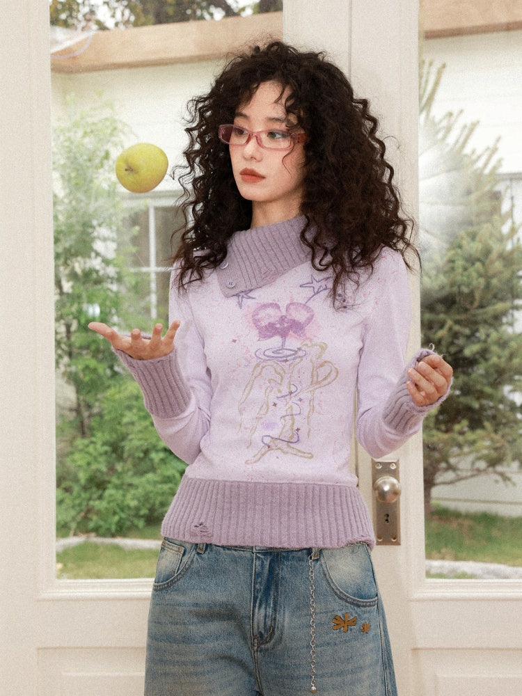 "One Tree Flower Blooming" Print Irregular Lapel Pullover Sweater【s0000015004】