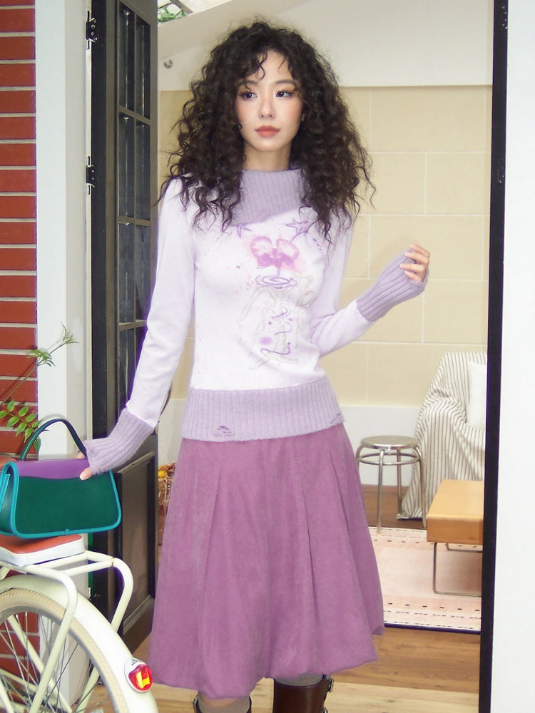 "One Tree Flower Blooming" Print Irregular Lapel Pullover Sweater【s0000015004】