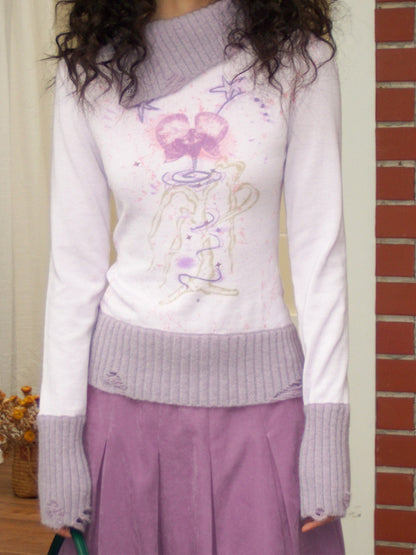"One Tree Flower Blooming" Print Irregular Lapel Pullover Sweater【s0000015004】