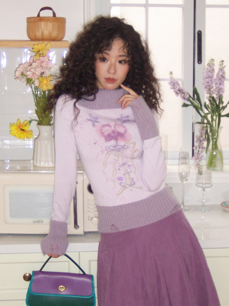 "One Tree Flower Blooming" Print Irregular Lapel Pullover Sweater【s0000015004】