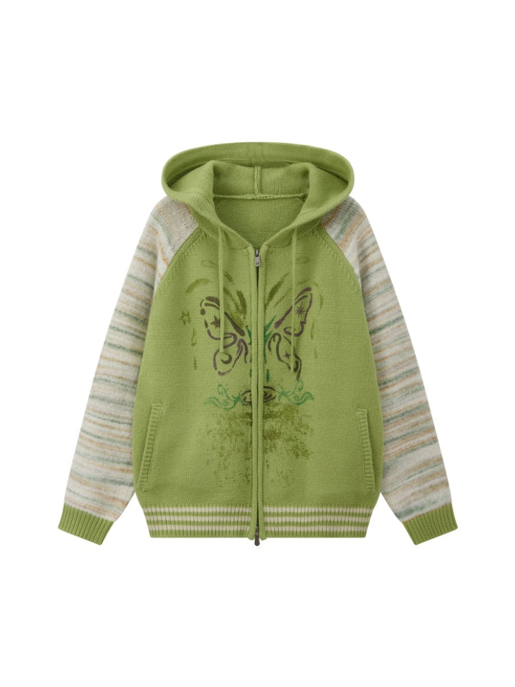 "Spring Butterfly Language" Sheep Wool Raglan Sleeve Hooded Knitted Cardigan Sweater【s0000015005】