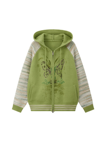 "Spring Butterfly Language" Sheep Wool Raglan Sleeve Hooded Knitted Cardigan Sweater【s0000015005】