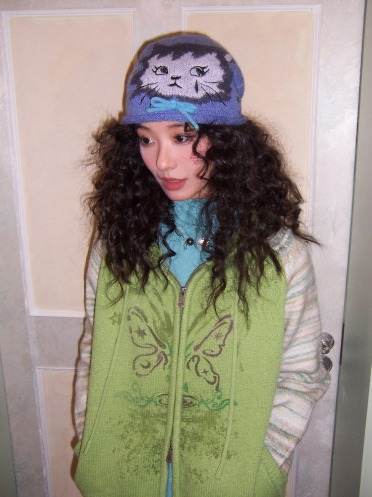 "Spring Butterfly Language" Sheep Wool Raglan Sleeve Hooded Knitted Cardigan Sweater【s0000015005】