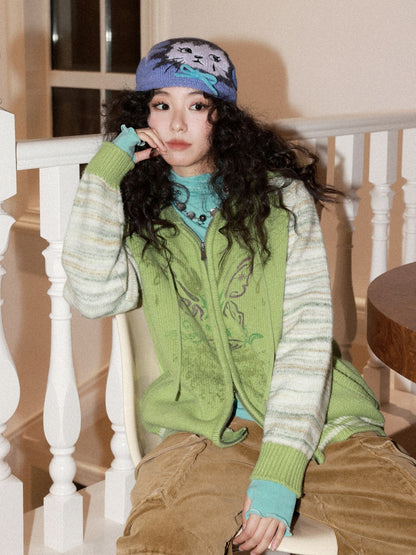 "Spring Butterfly Language" Sheep Wool Raglan Sleeve Hooded Knitted Cardigan Sweater【s0000015005】