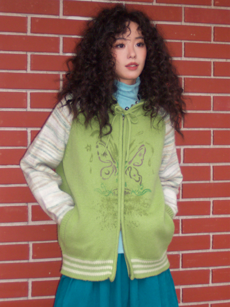 "Spring Butterfly Language" Sheep Wool Raglan Sleeve Hooded Knitted Cardigan Sweater【s0000015005】