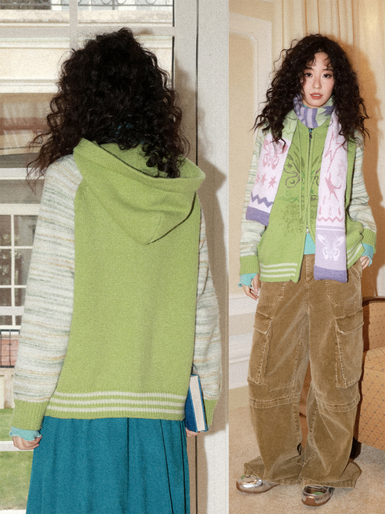 "Spring Butterfly Language" Sheep Wool Raglan Sleeve Hooded Knitted Cardigan Sweater【s0000015005】