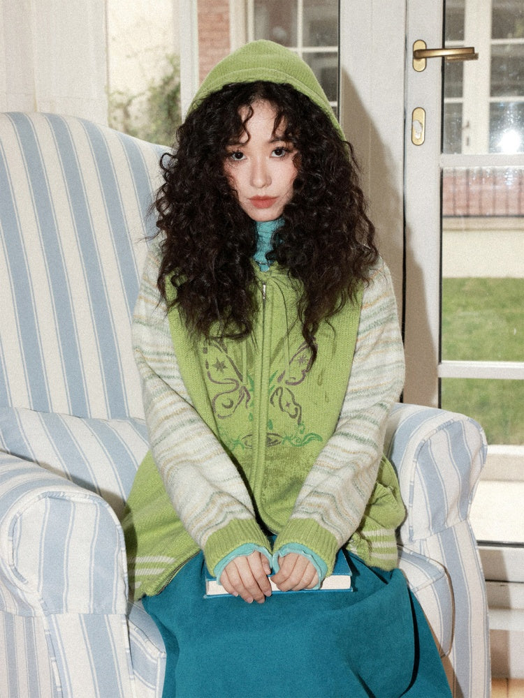 "Spring Butterfly Language" Sheep Wool Raglan Sleeve Hooded Knitted Cardigan Sweater【s0000015005】