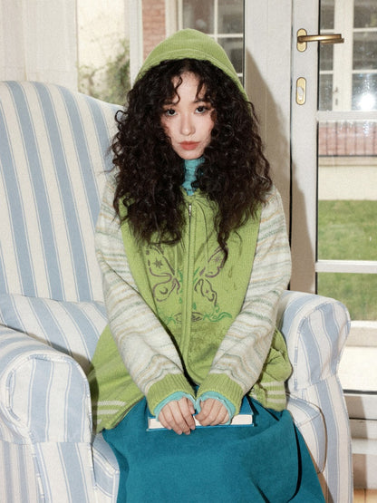 "Spring Butterfly Language" Sheep Wool Raglan Sleeve Hooded Knitted Cardigan Sweater【s0000015005】
