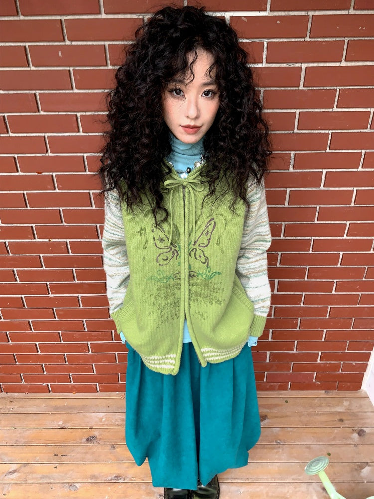"Spring Butterfly Language" Sheep Wool Raglan Sleeve Hooded Knitted Cardigan Sweater【s0000015005】