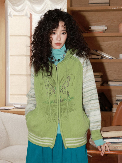 "Spring Butterfly Language" Sheep Wool Raglan Sleeve Hooded Knitted Cardigan Sweater【s0000015005】