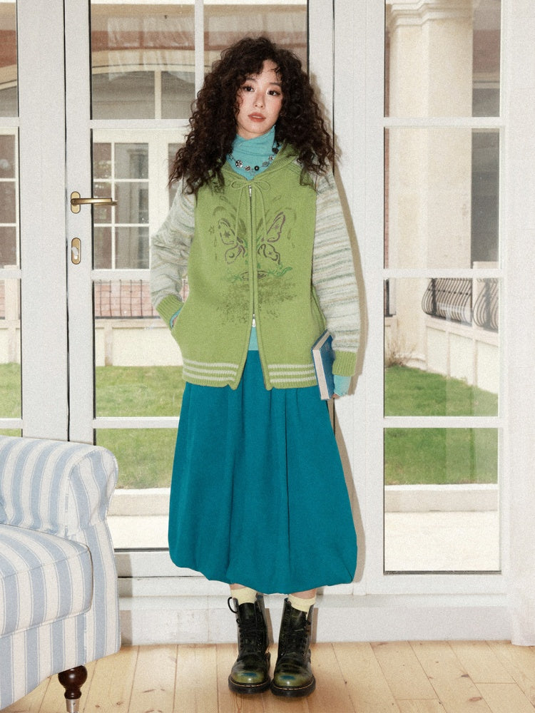"Spring Butterfly Language" Sheep Wool Raglan Sleeve Hooded Knitted Cardigan Sweater【s0000015005】