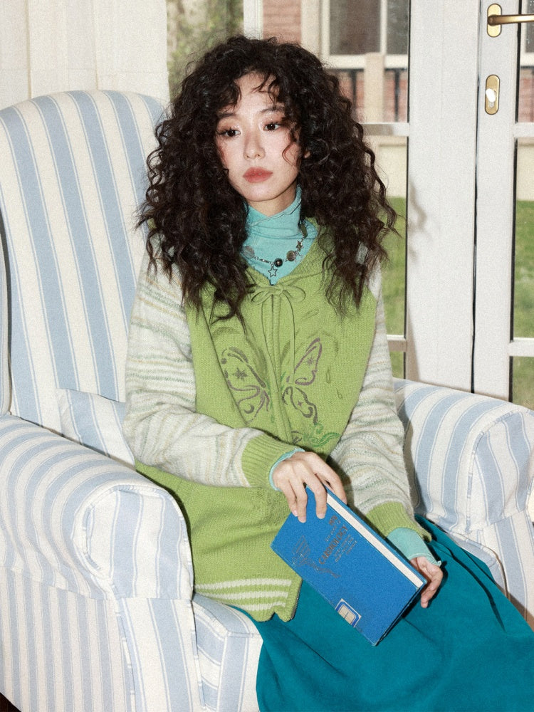 "Spring Butterfly Language" Sheep Wool Raglan Sleeve Hooded Knitted Cardigan Sweater【s0000015005】