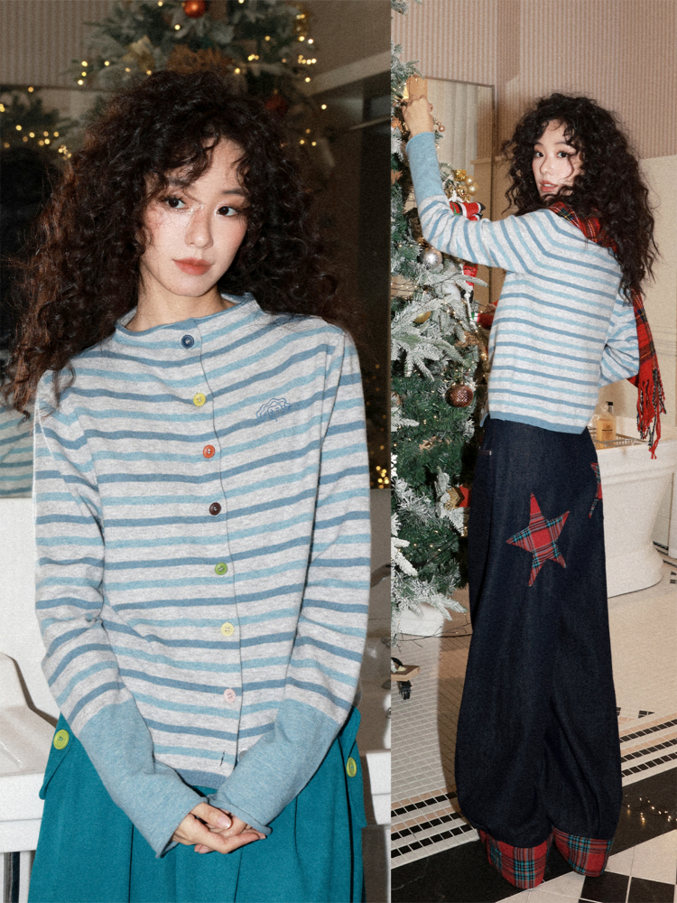 Sheep Wool Striped Cardigan Sweater Slimming Top【s0000015006】