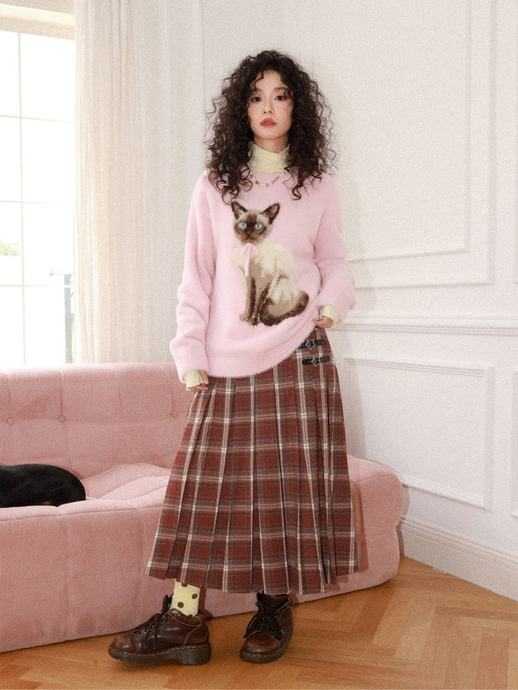 "Earl Grey Black Tea" High Gram Heavy Drape Brushed A-Line Pleats Plaid Skirt【s0000015007】
