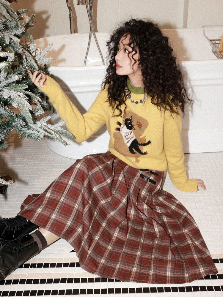 "Earl Grey Black Tea" High Gram Heavy Drape Brushed A-Line Pleats Plaid Skirt【s0000015007】