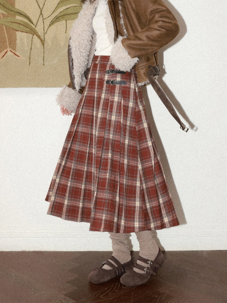 "Earl Grey Black Tea" High Gram Heavy Drape Brushed A-Line Pleats Plaid Skirt【s0000015007】