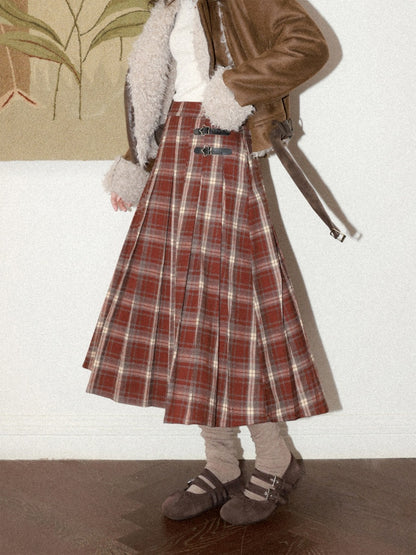 "Earl Grey Black Tea" High Gram Heavy Drape Brushed A-Line Pleats Plaid Skirt【s0000015007】