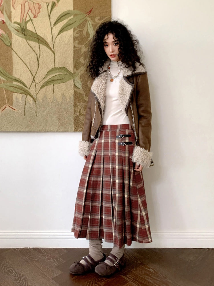 "Earl Grey Black Tea" High Gram Heavy Drape Brushed A-Line Pleats Plaid Skirt【s0000015007】