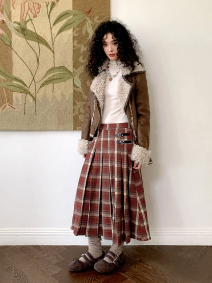 "Earl Grey Black Tea" High Gram Heavy Drape Brushed A-Line Pleats Plaid Skirt【s0000015007】
