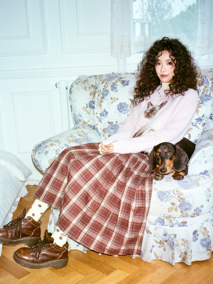 "Earl Grey Black Tea" High Gram Heavy Drape Brushed A-Line Pleats Plaid Skirt【s0000015007】