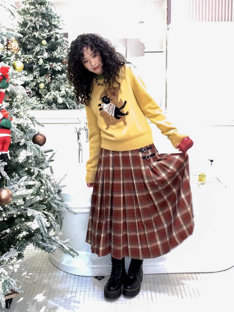 "Earl Grey Black Tea" High Gram Heavy Drape Brushed A-Line Pleats Plaid Skirt【s0000015007】