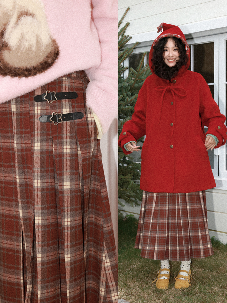 "Earl Grey Black Tea" High Gram Heavy Drape Brushed A-Line Pleats Plaid Skirt【s0000015007】