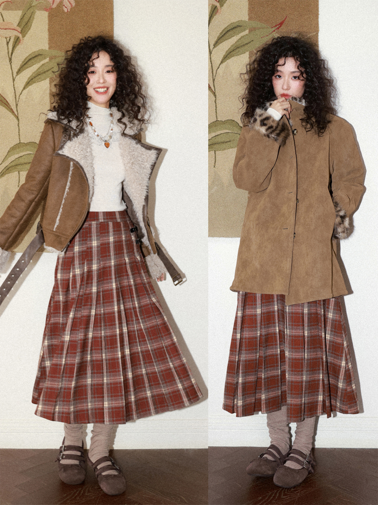 "Earl Grey Black Tea" High Gram Heavy Drape Brushed A-Line Pleats Plaid Skirt【s0000015007】