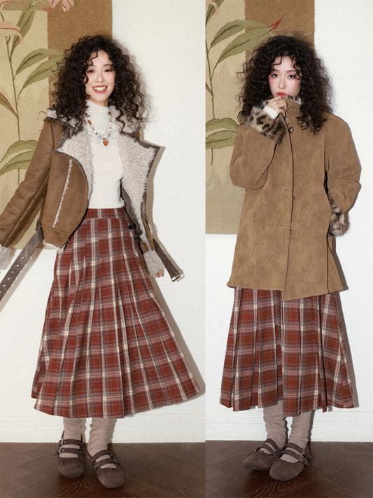 "Earl Grey Black Tea" High Gram Heavy Drape Brushed A-Line Pleats Plaid Skirt【s0000015007】