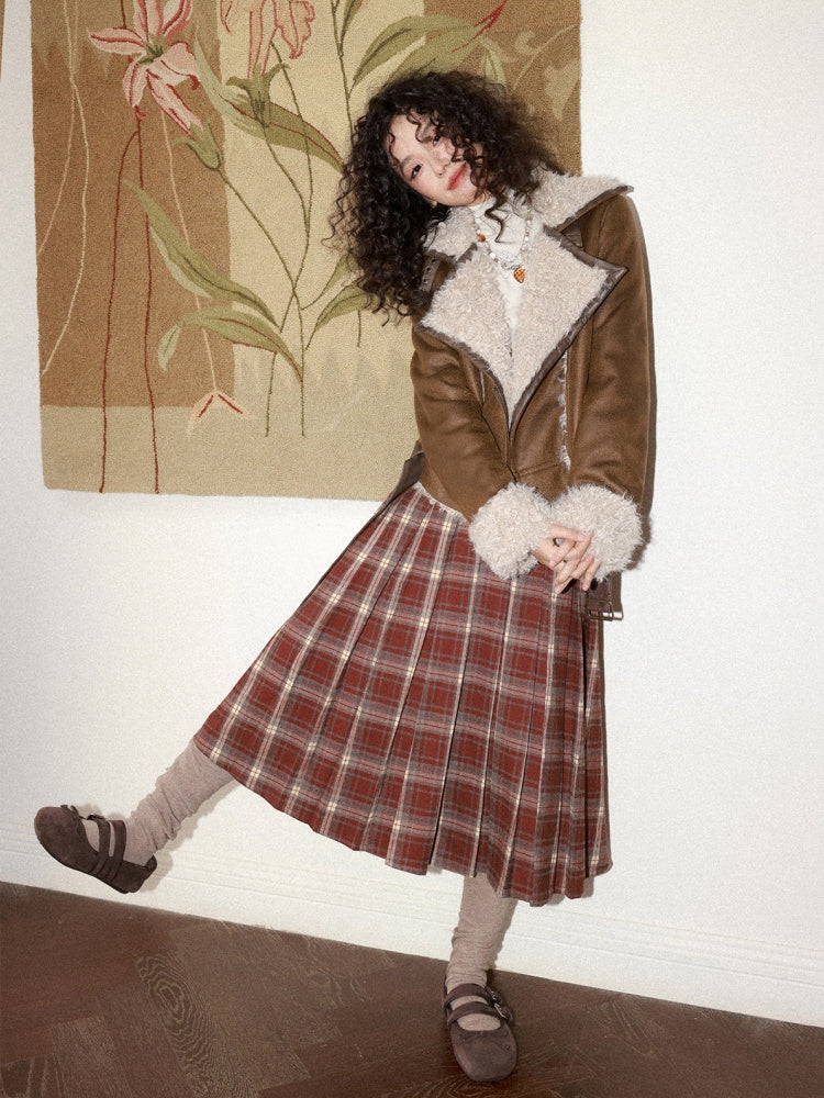 "Earl Grey Black Tea" High Gram Heavy Drape Brushed A-Line Pleats Plaid Skirt【s0000015007】