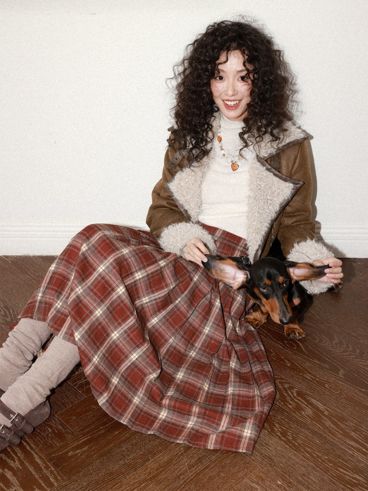 "Earl Grey Black Tea" High Gram Heavy Drape Brushed A-Line Pleats Plaid Skirt【s0000015007】