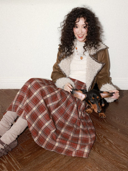 "Earl Grey Black Tea" High Gram Heavy Drape Brushed A-Line Pleats Plaid Skirt【s0000015007】