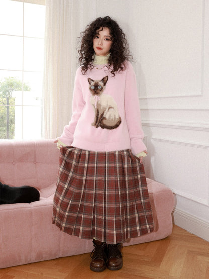 "Earl Grey Black Tea" High Gram Heavy Drape Brushed A-Line Pleats Plaid Skirt【s0000015007】