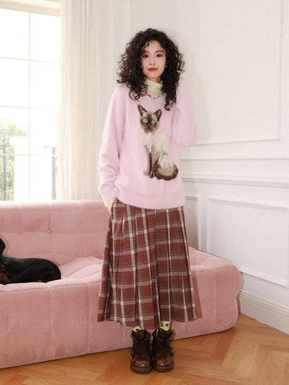 "Earl Grey Black Tea" High Gram Heavy Drape Brushed A-Line Pleats Plaid Skirt【s0000015007】