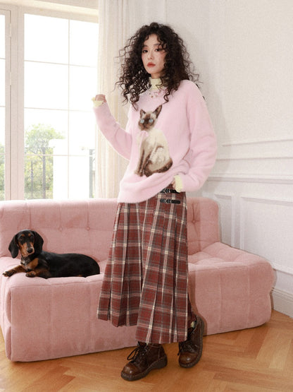 "Earl Grey Black Tea" High Gram Heavy Drape Brushed A-Line Pleats Plaid Skirt【s0000015007】