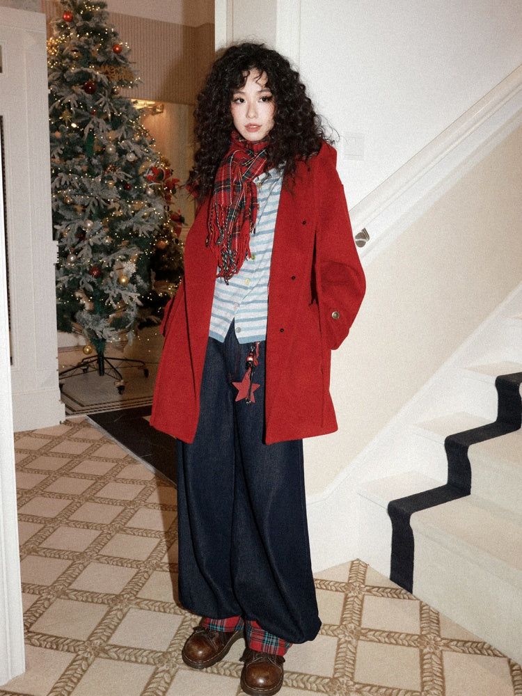 "Fallen Star" Peaked Hat Sheep Woolen Mid-Length Coat【s0000015008】