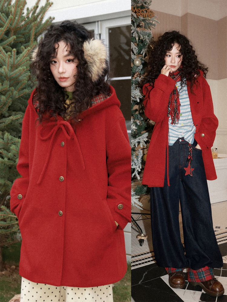 "Fallen Star" Peaked Hat Sheep Woolen Mid-Length Coat【s0000015008】