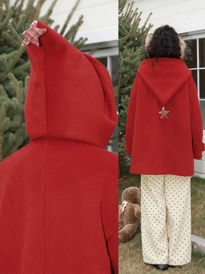"Fallen Star" Peaked Hat Sheep Woolen Mid-Length Coat【s0000015008】