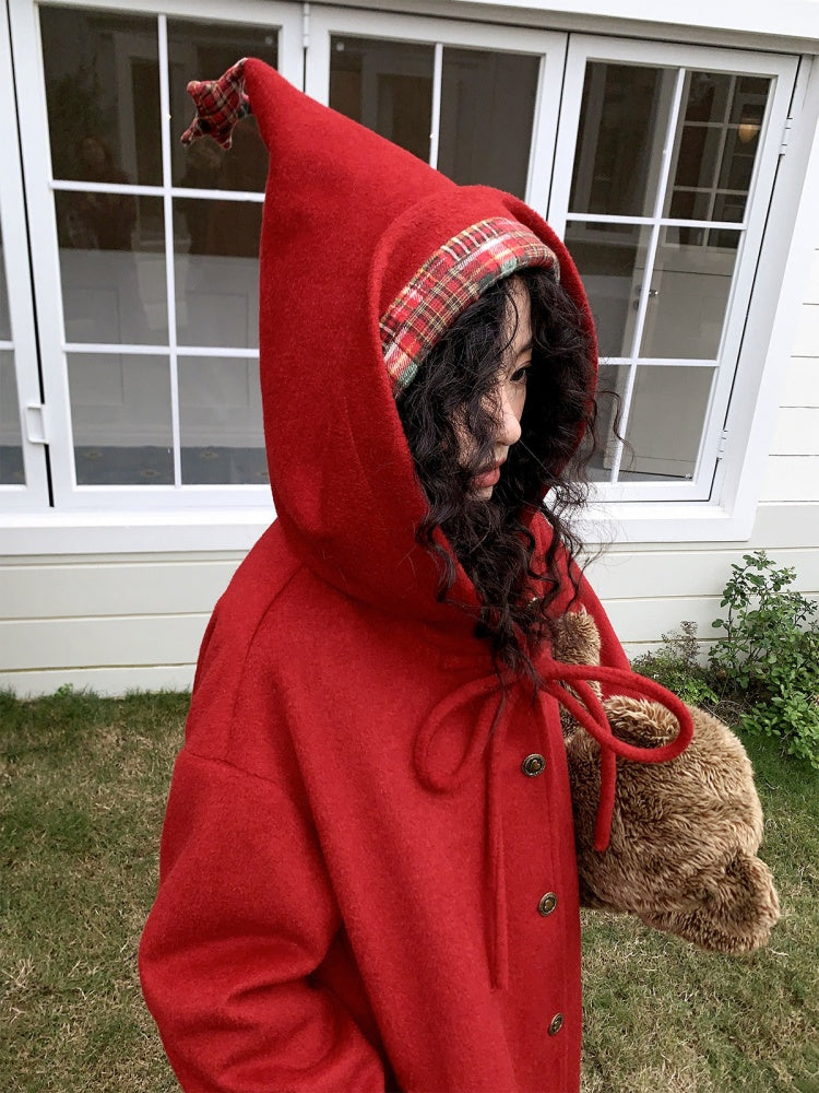 "Fallen Star" Peaked Hat Sheep Woolen Mid-Length Coat【s0000015008】