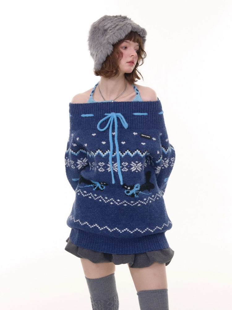 Bow Lazy Fair Island Style Semi-Turtle Neck Sweater【s0000015237】
