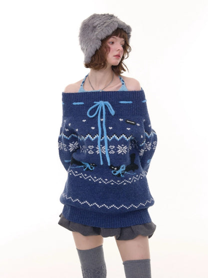 Bow Lazy Fair Island Style Semi-Turtle Neck Sweater【s0000015237】